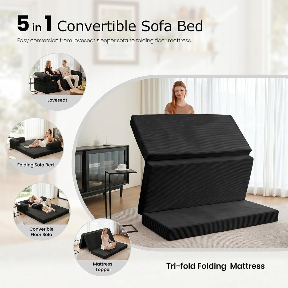 Sofa Bed, Tri-Fold Foldable Mattresswith Removable Arms & Washable Cover, Queen Size, Black