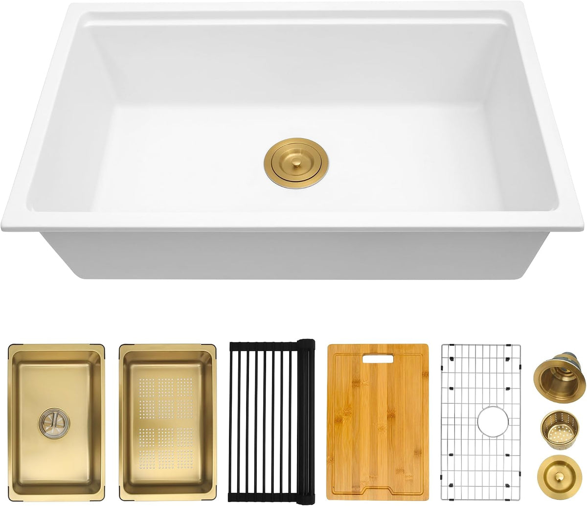 YAQUN, 30" Undermount Kitchen Sink, Deep Workstation Granite Composite Single Bowl Kitchen Sink, White