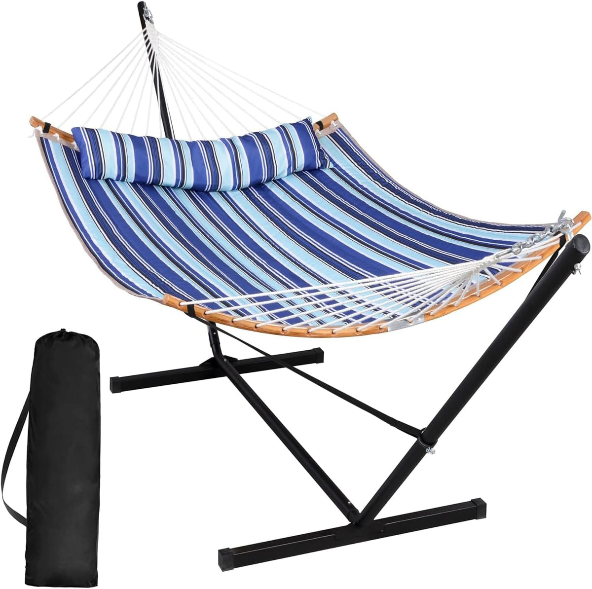 SUNCREAT Double Hammock with Stand Included, Blue Stripes