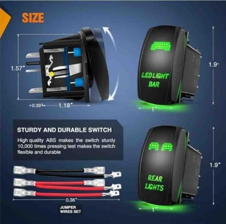 Nilight Rear Lights Rocker Switch Led Light Bar 5Pin Laser On Off SPST Switches 20A/12V 10A/24V Green LED