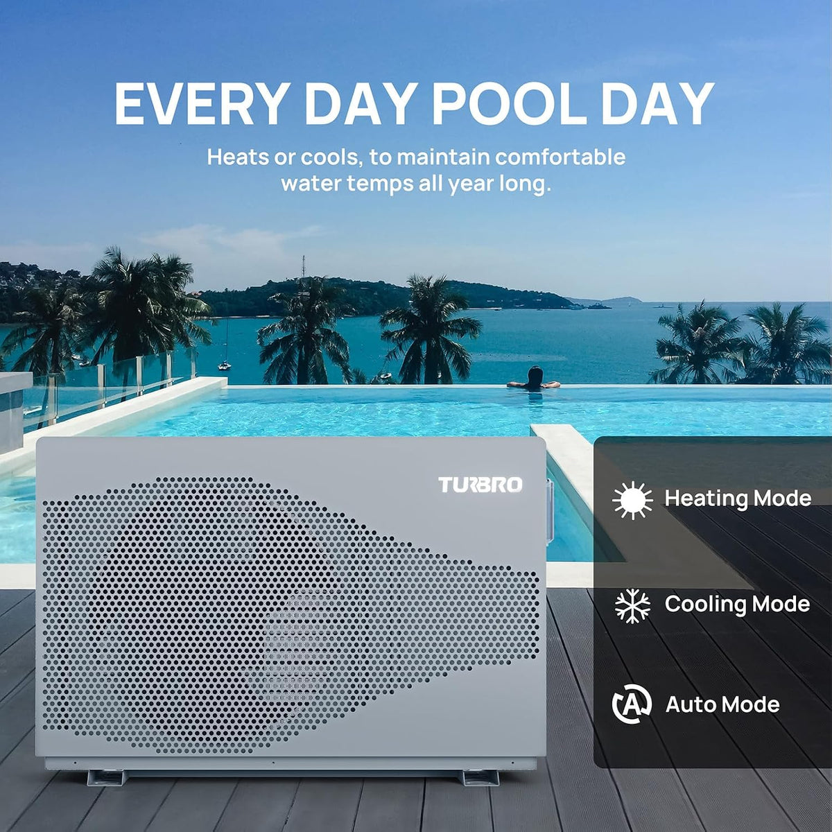 TURBRO 33,000 BTU DC Inverter Swimming Pool Heat Pump, 10,000 Gal Model Beluga B33V