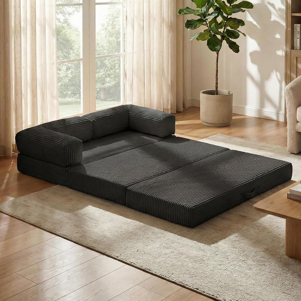 Sofa Bed, Tri-Fold Foldable Mattresswith Removable Arms & Washable Cover, Queen Size, Black