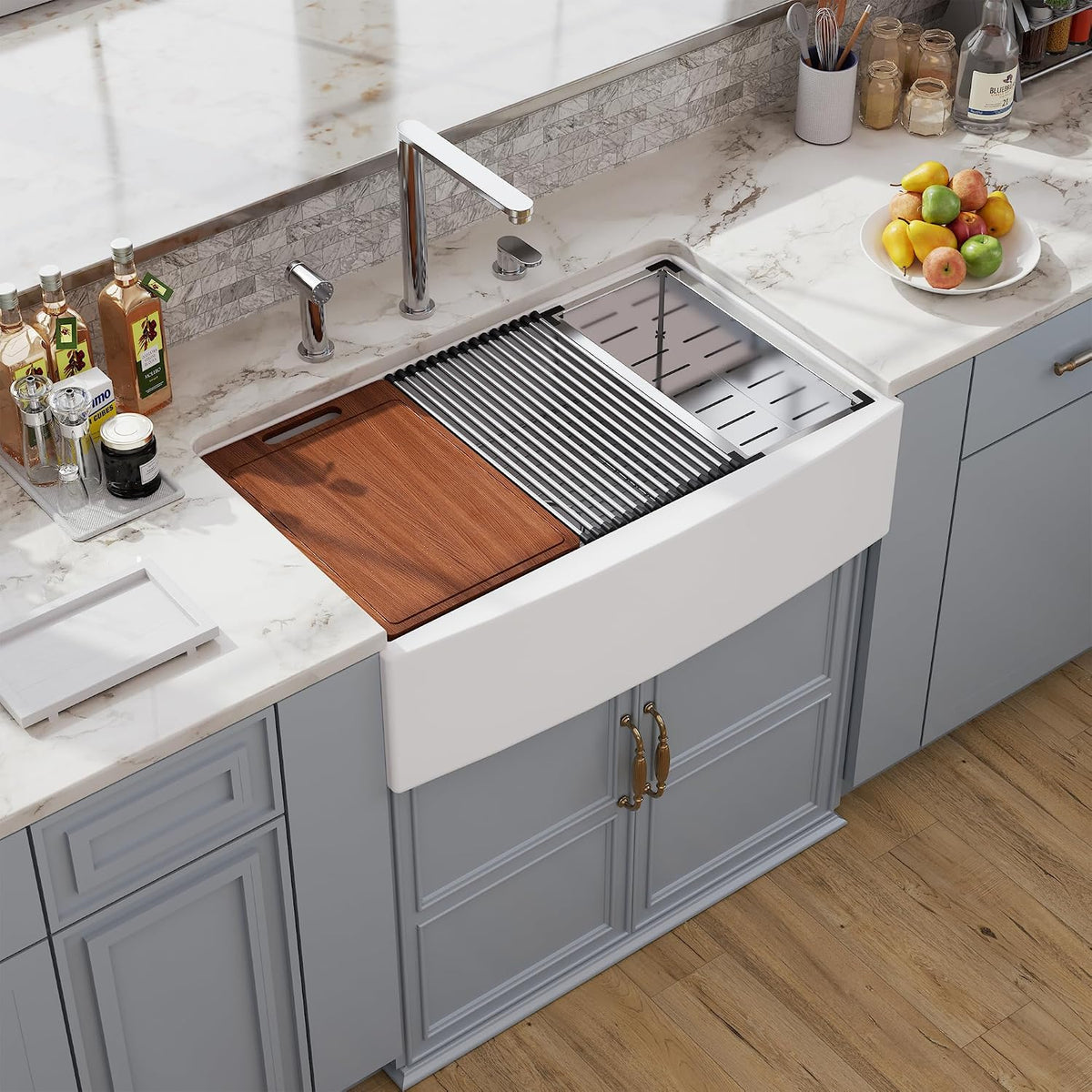 Farmhouse Sink Reversible Workstation, 30x20 inch WHITE