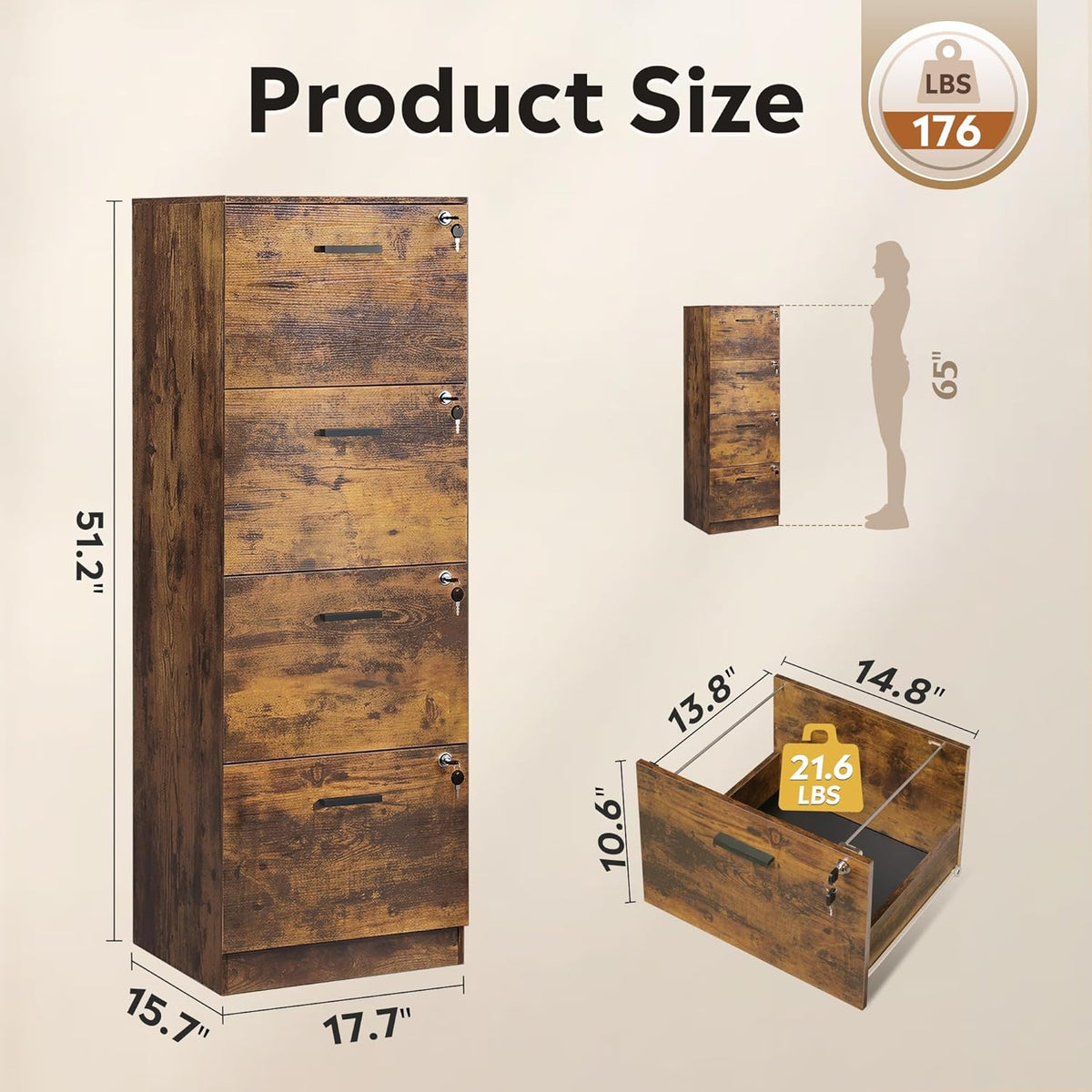 DEVAISE 4 Drawer Wood File Cabinet for Home Office, Fits Letter / A4 Size, 51.2"*15.7*"17.7", Rustic Brown