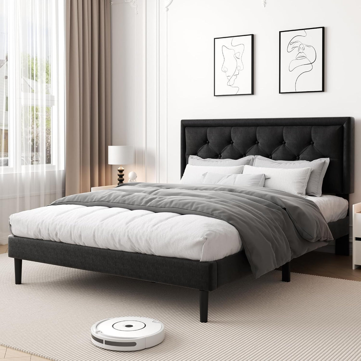 Queen Size Platform Bed Frame with Upholstered Velvet Button Tufted Headboard, CXVX BLACK