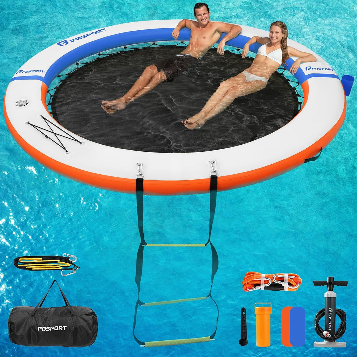 FBSPORTS Inflatable Water Hammock Round Floating Ring, 8ft, Orange.