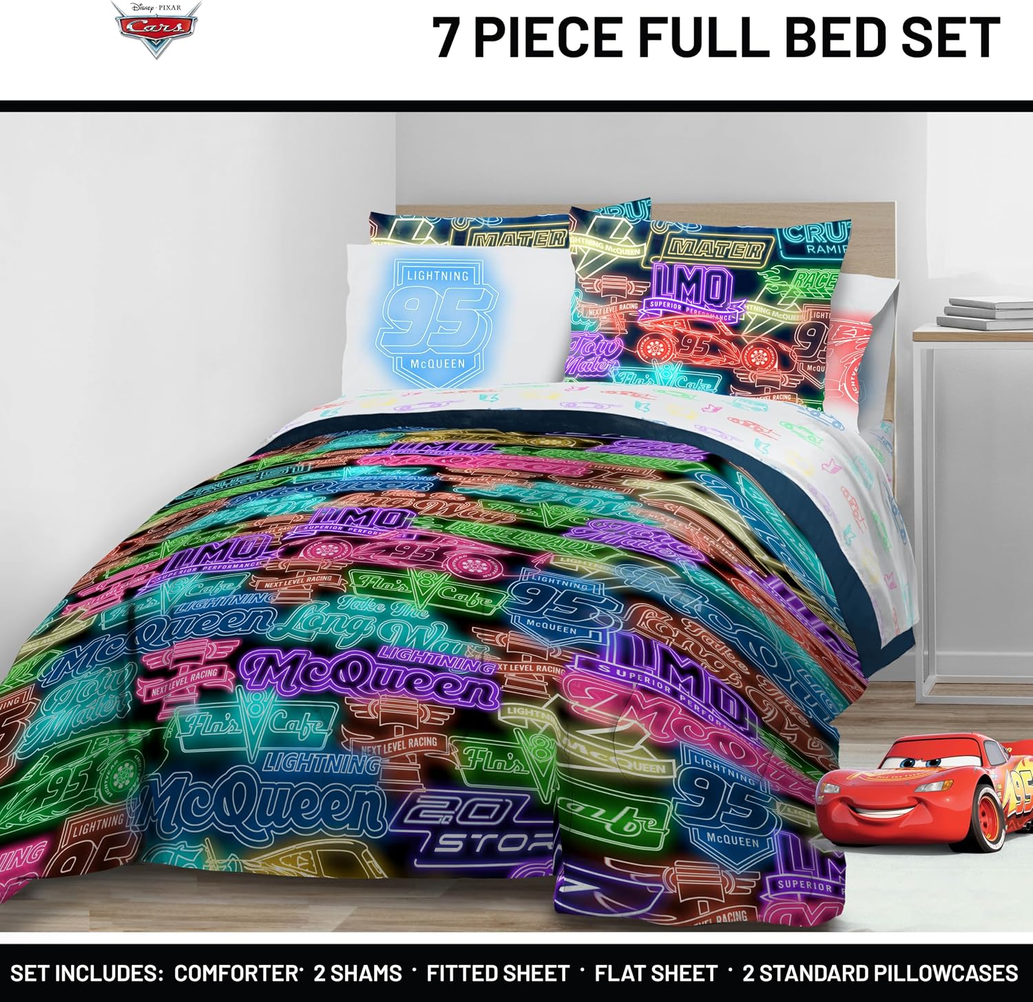 Jay Franco Kids Bed Set, Black, Cars, 7 Piece Full Size