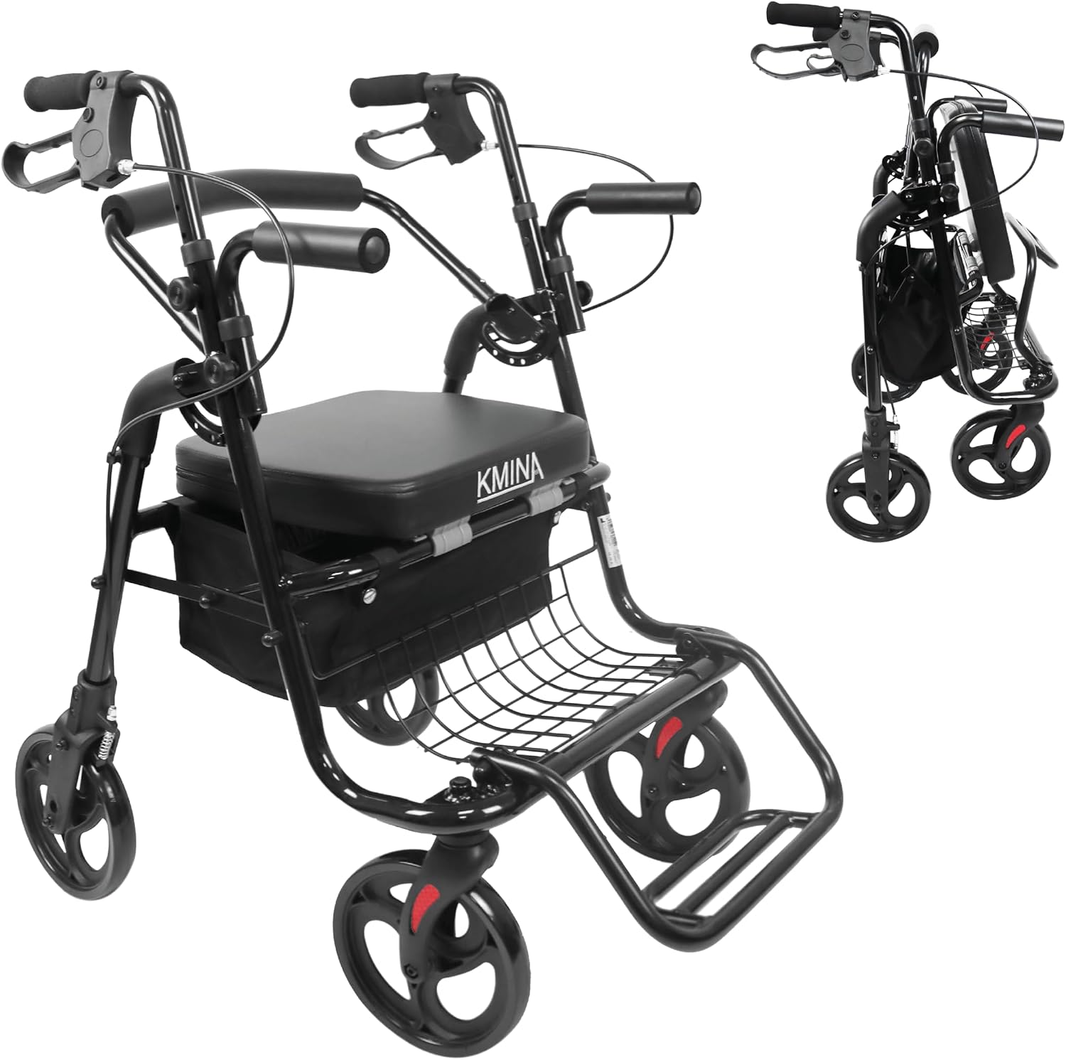 KMINA Walkers for Seniors with Seat, Aluminum, Folding, Black