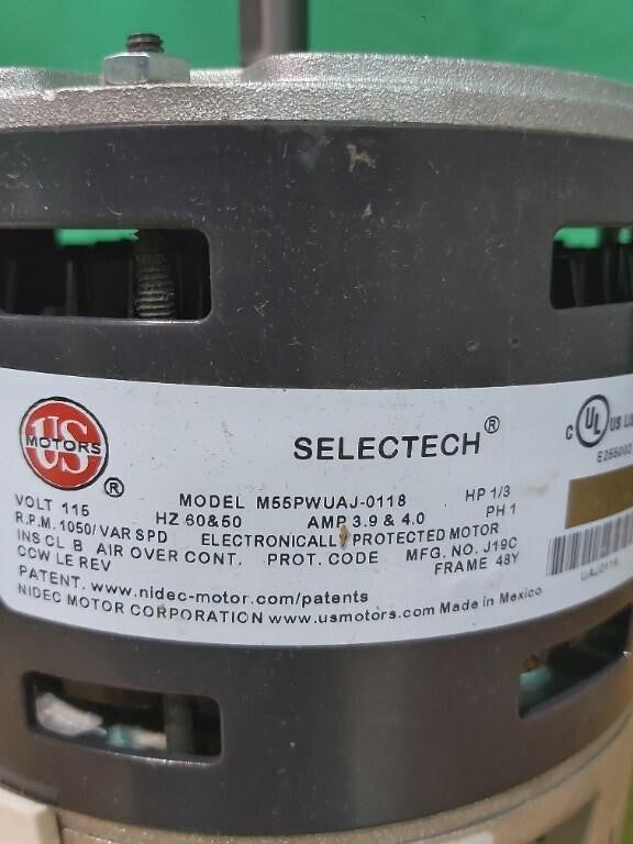 US Motors Direct Drive Blower Motor, Model M55PWUAJ-0118, Made in Mexico