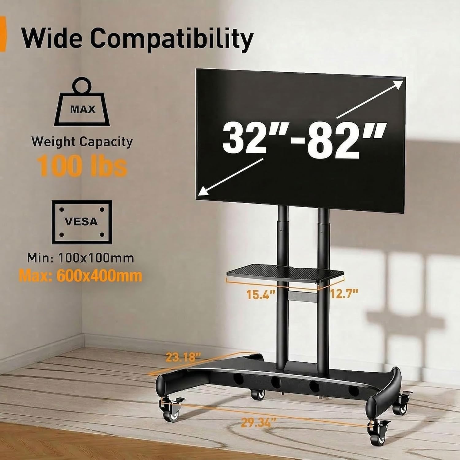 Mobile TV Cart for 32-83 Inch Flat/Curved LED/LCD/OLED TVs Rolling
