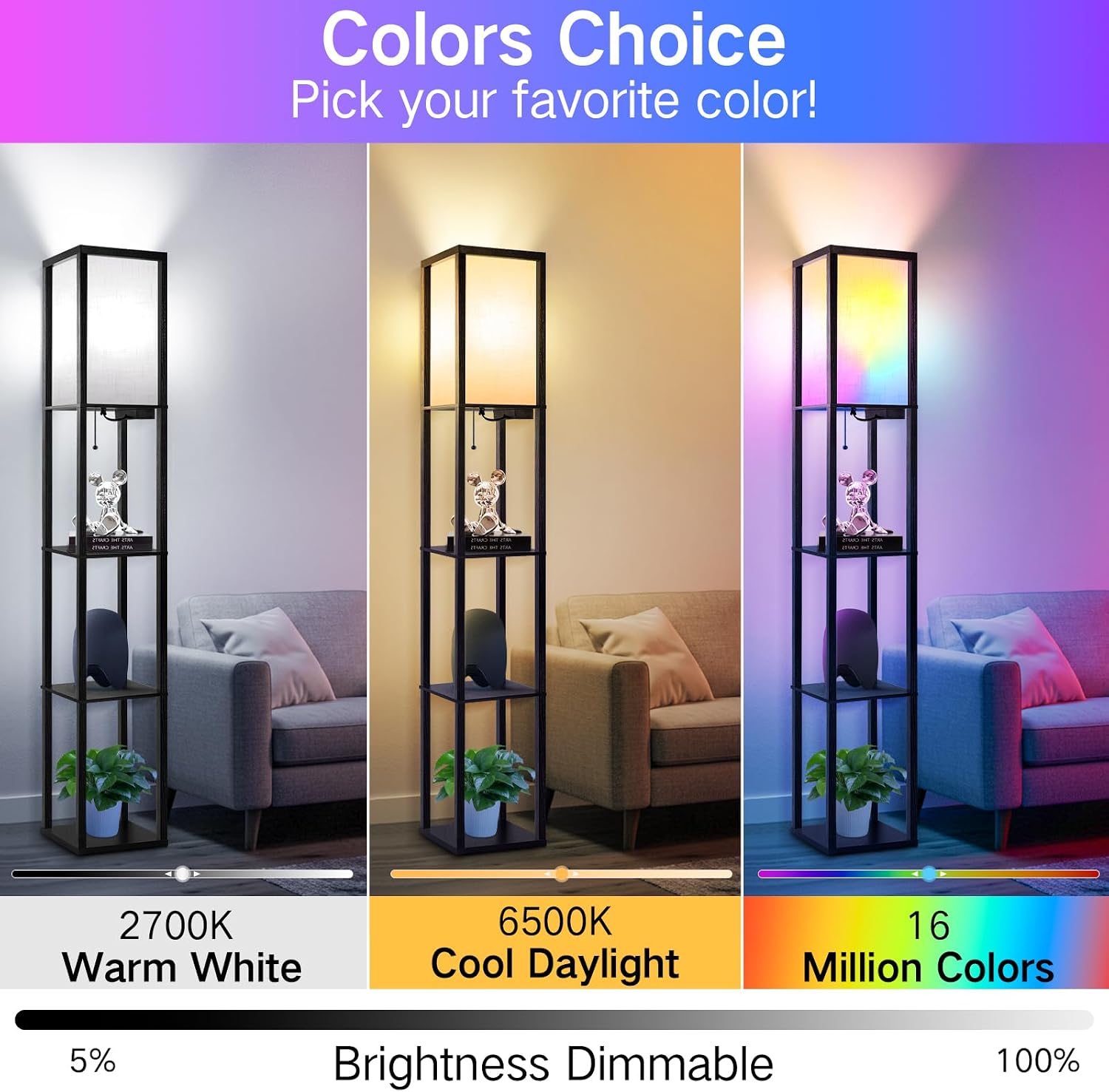 OUTON Floor Lamp with Shelves, Black (RGB)