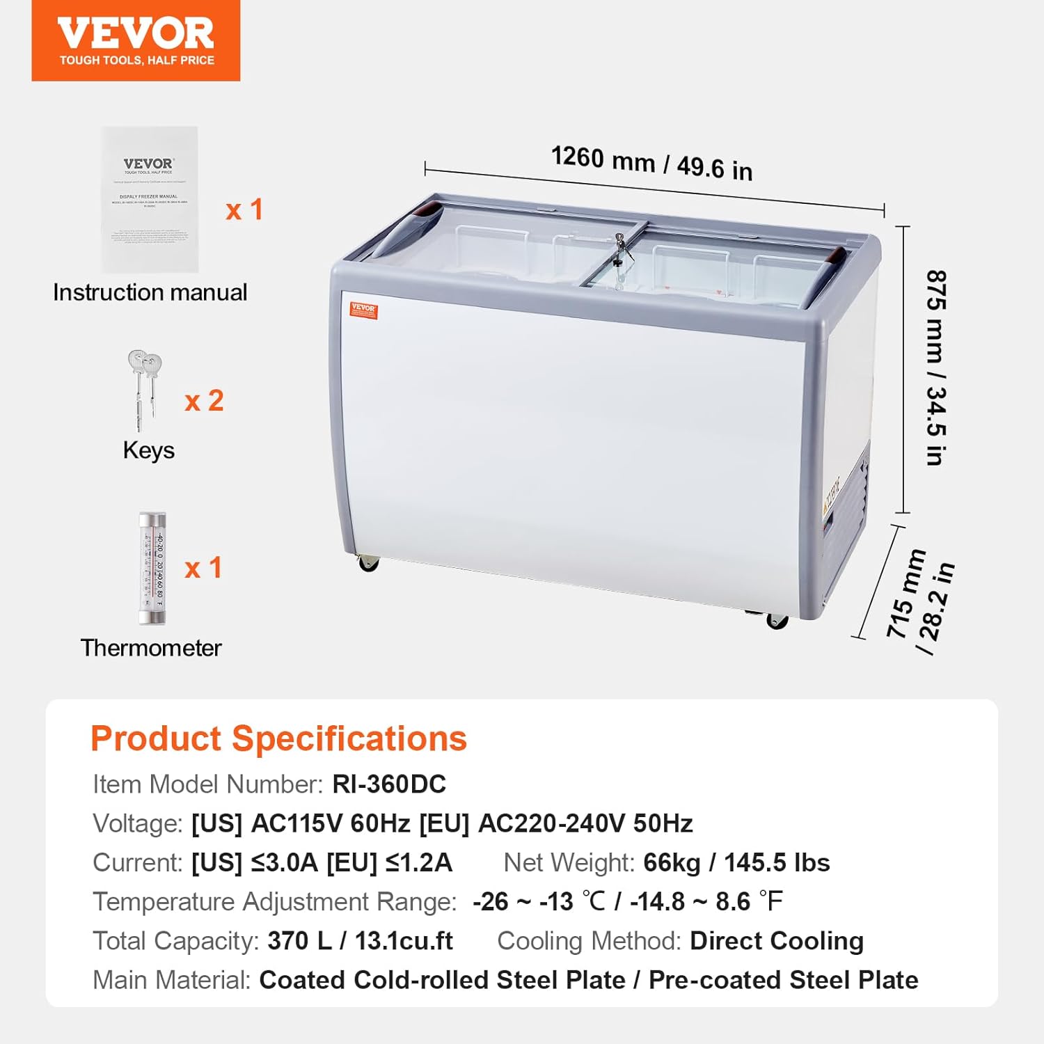 VEVOR Commercial Ice Cream Display Case, 13.1 Cu.ft Chest Freezer,