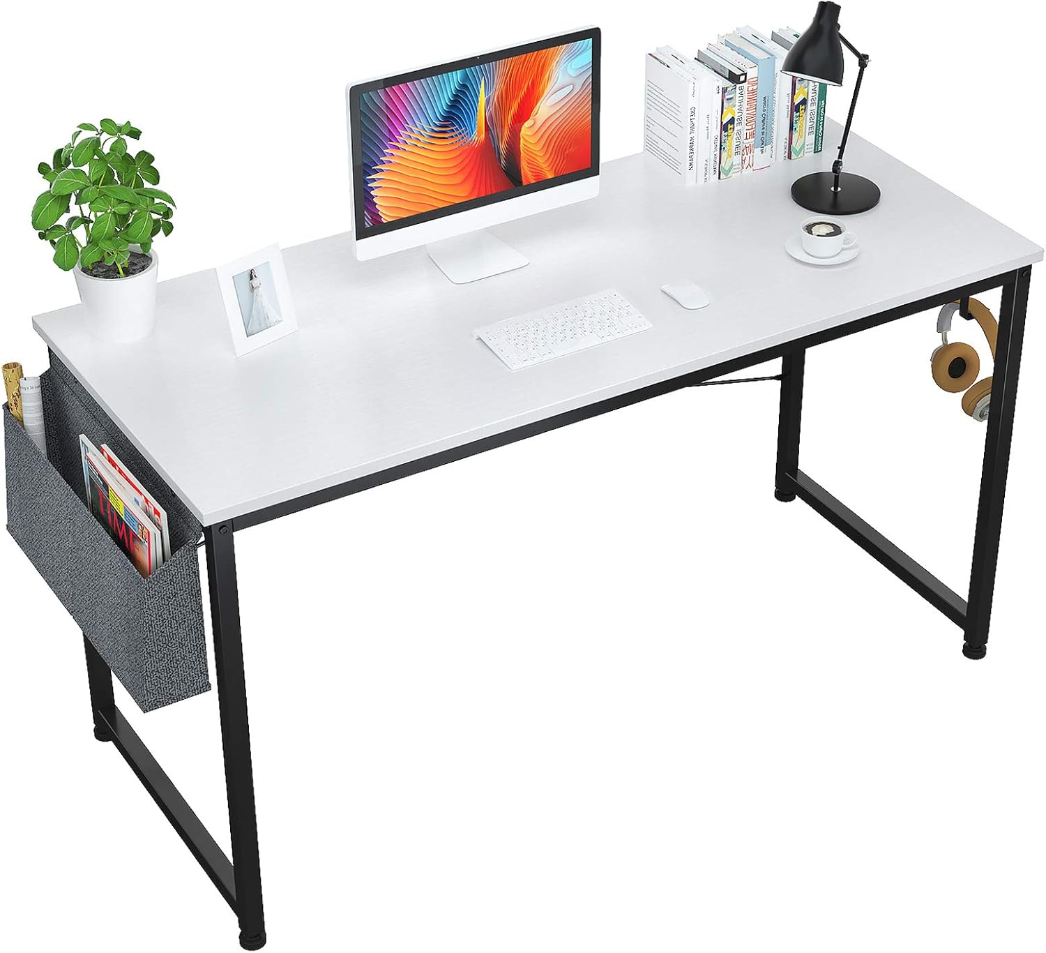 Computer Desk Modern Sturdy Office Desk 55 Inch Writing Study Desk Simple PC Laptop Notebook Table with Storage Bag and Iron Hook for Home Office Workstation, White