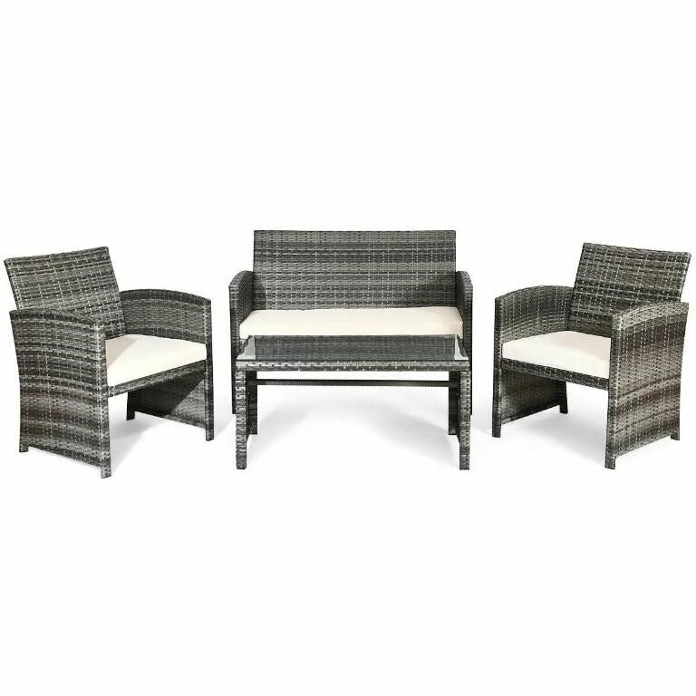 Patio Rattan Furniture Set Conversation Glass Table Top Cushioned Sofa, White