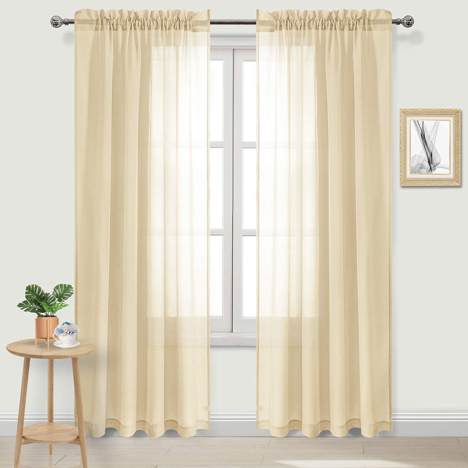 CaaMoo Window Beige Sheer Curtains 95" Long, Beige, 52"x 95".