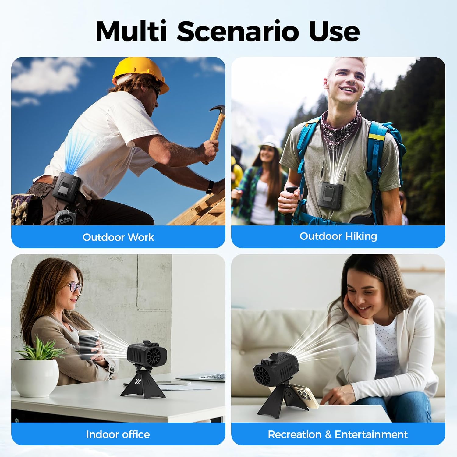 4-in-1 Portable Fan: Waist/Neck/Desk Multi-Use