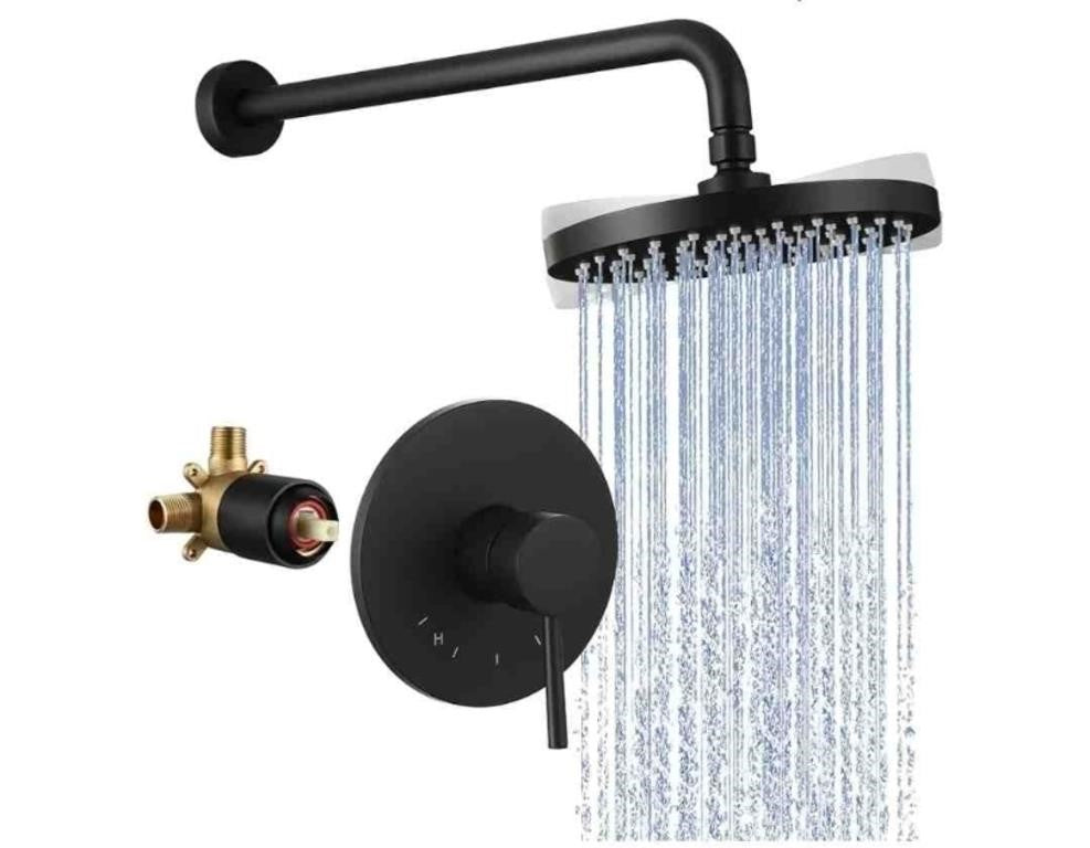 KES Shower Faucet Set, Bathroom Rain Shower System, 8 Inch Rainfall Shower Head Black, Pressure Balance Shower Valve Shower Trim Kit Wall Mount, XB6202-BK