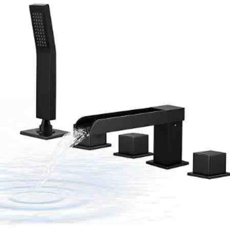 KRUZOO Black Bathroom Roman Tub Faucet with Hand-held Shower Sprayer 5 Pieces Waterfall Contemporary 5 Hole Bathtub Faucet Set 3 Handle Deck Mount 5-PCS Tub Filler Matte Black, YG6353MB