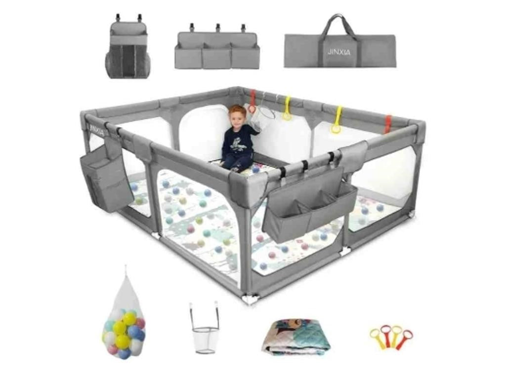 JINXIA Baby Playpen with Mat 75"*59", Extra Large Playpen for Babies and Toddlers with Storage Bag, BPA-Free, Grey