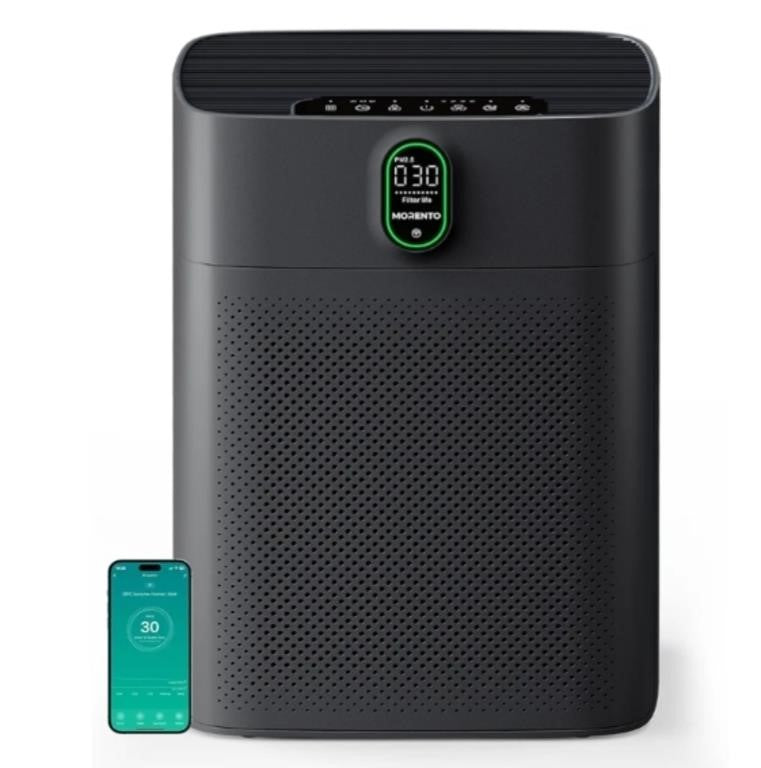 MORENTO Smart Air Purifier for home Large Rooms up to 1076 ft², Wi-Fi and Alexa compatible, PM2.5 Air Quality Display, Auto Mode, Quiet Mode 24dB, Black -