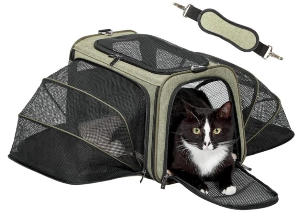 Petsfit Expandable Cat Dog Carrier Airline Approved, 17" L x 11" W x 11" H Soft-Sided Portable Pet Travel Carrier for Kitten, Puppy, Removable Soft Plush Mat and Pockets, Auto-Locking Zippers, Green