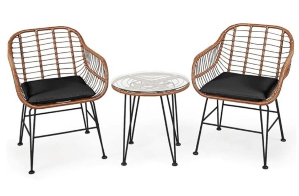 Costway 3-Piece Rattan Patio Bistro Set w/ Tempered Glass 60.00 60.00 Tabletop Side Table and Black Cushions