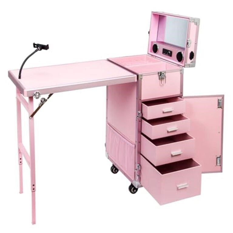 Umisu Rolling Manicure Table with Mirror & 4 Drawers, Makeup Train Case with Desk, Foldable Nail Desk Cosmetology Case with 360° Swivel Wheels, Pink -