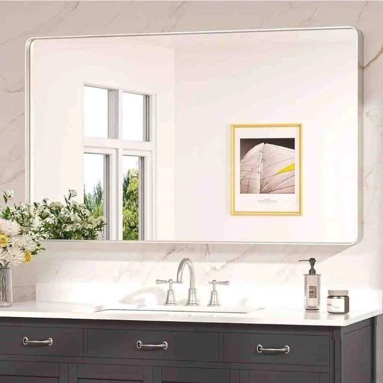 Keonjinn Metal Frame Bathroom Mirror for Over Sink, Rounded Rectangle Bathroom Vanity Mirror, HD Tempered Glass, Horizontal/Vertical, Brushed Nickel, 48" x 30" -