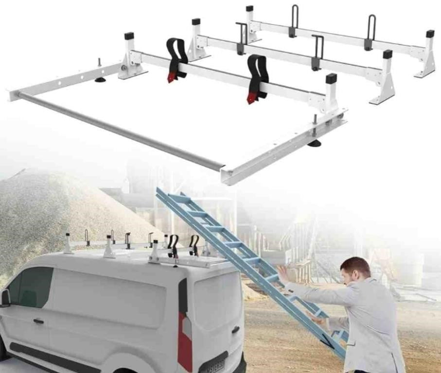 StarONE 45" Heavy Duty Steel Van Roof Rack,Van Ladder Rack with Rear Cargo Roller Fit for 2015-On RAM ProMaster City, White, 3 Bars, 750lbs