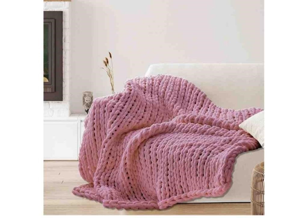 Fognoy 60" x 80" Chunky Knit Blanket, Handmade Warm & Soft Chenille Throw Blanket, Washable Decorative Knit Blanket with Jumbo Chenille Yarn for Couch Bed Sofa Light Pink Throw Blanket