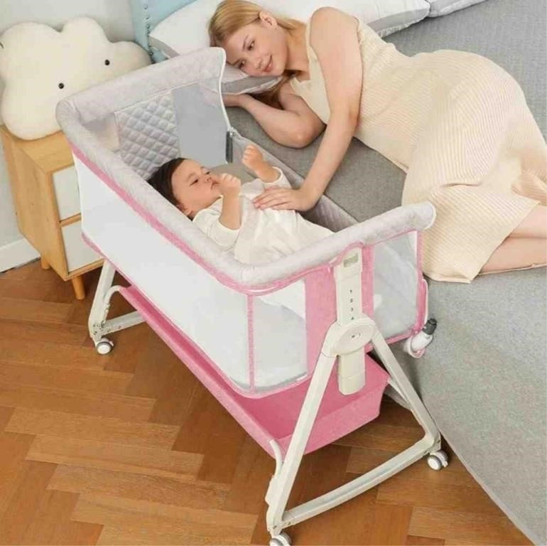 Baby Bassinet, Bedside Sleeper for Baby with Wheels and Storage Basket,All Mesh Portable Bassinet for Newborn,6 Height Adjustable Easy to Assemble Bedside Crib(Upgrade Pink