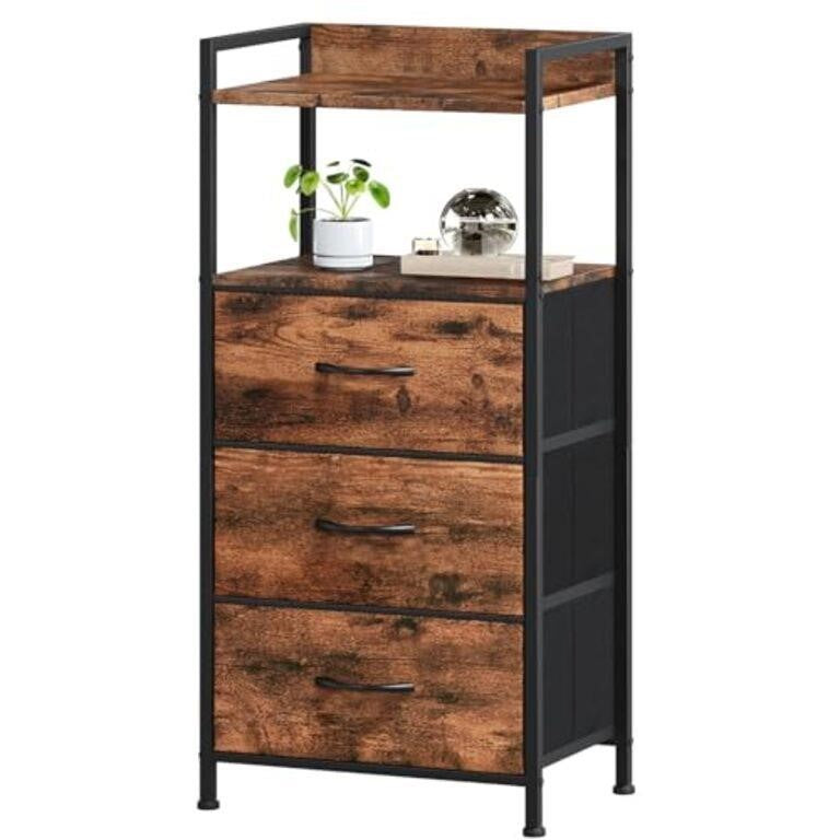 Somdot Night Stand with 3 Fabric Drawers, Tall Nightstand with 2-Tier Shelf