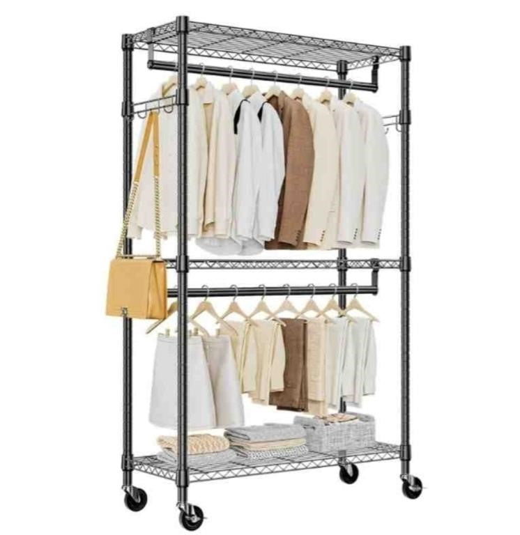 Heavy Duty Rolling Garment Rack 3 Tiers Adjustable Wire Shelving Clothes Rack with 2 Rods and Side Hooks,Storage Closet Clothing Rack with Wheels Black 15.7" D x 29.5" W x 74.5" H -