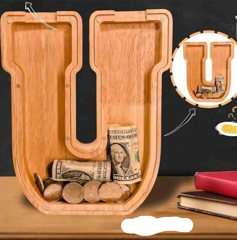 JOOMLAFLY Wooden Letter Piggy Bank for Kids, Personalized Piggy Bank Initial Coin Bank, Letter U, 3Y+, 9"