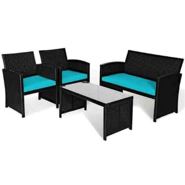 Costway 4 Piece Rattan and Metal Frame Patio Conversation Set with Turquoise Cushions, Black