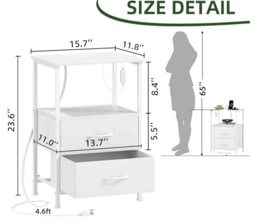 Somdot White Nightstand with 2 Fabric Drawers