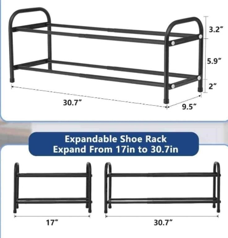 Asuluphy Expandable 2 Tier Metal Shoe Rack, Adjustable Heavy Duty, Black