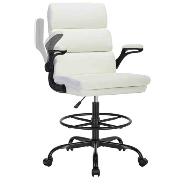 Amseatec Drafting Chair Tall Office Chair with Padded Flip-up Armrests Executive Ergonomic Computer Standing Desk Chair with Comfortable Leather Backrest and Adjustable Footrest Ring, 5192D (White