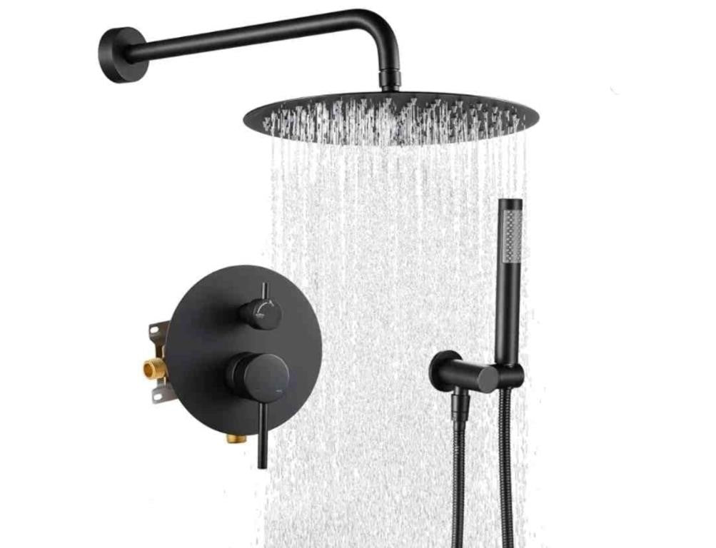 Kruzoo Round Shower System for Bathroom, Wall Mounted Brass Shower Faucet Combo Set with 12 inch Pressure Rainfall Shower head and 2 in 1 Handheld Showerhead Rough-In Shower Valve Kit, Matte Black