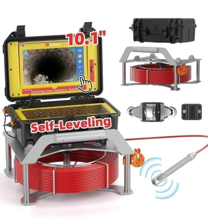 Sanyipace Sewer Camera – 7mm Stiff Cable Self-Leveling Drain Camera with 512Hz Transmitter, 10-inch Touch Screen, Wireless Keyboard, 1080P HD Inspection Camera for Plumbing, Ducts, Pipes (165FT/50M)