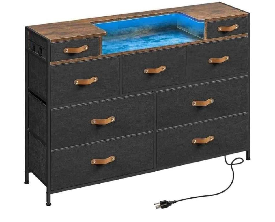 Sangmucen Dresser with LED Light and Charging Station, 9 Fabric Drawers Tall Wide Dresser, Black