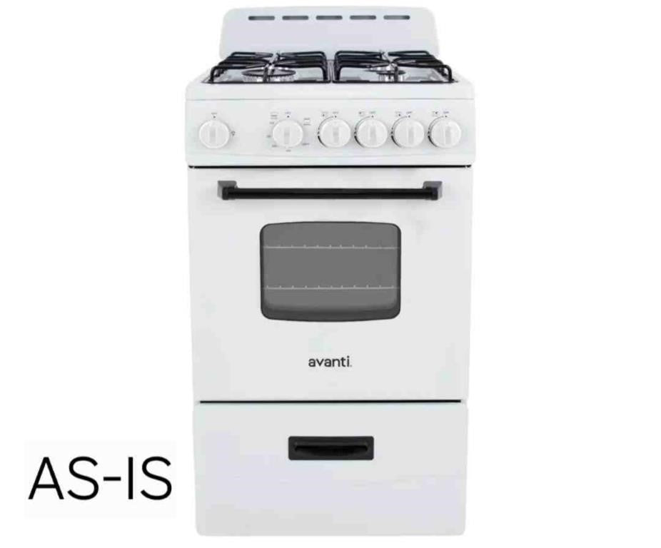 Avanti Gas Range Oven, Compact Freestanding Design, 4 Sealed Burners 20-Inch, White