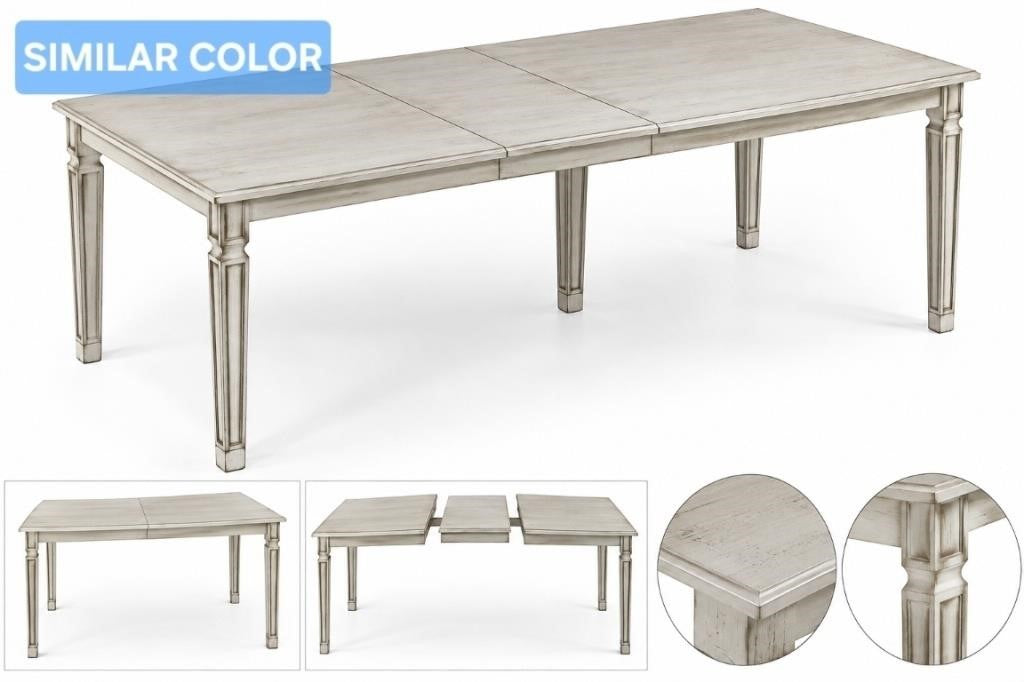 Extendable Rectangular Dining Table with Removable Center Leaf – Distressed White Finish