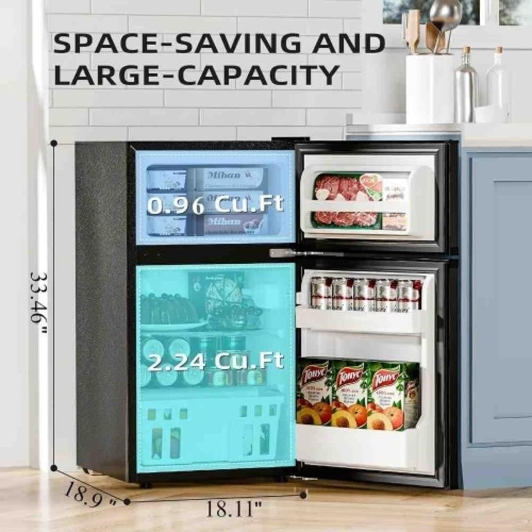 Kismile Mini Fridge with Freezer, 3.2 Cu.Ft 2 Door Refrigerator, Black