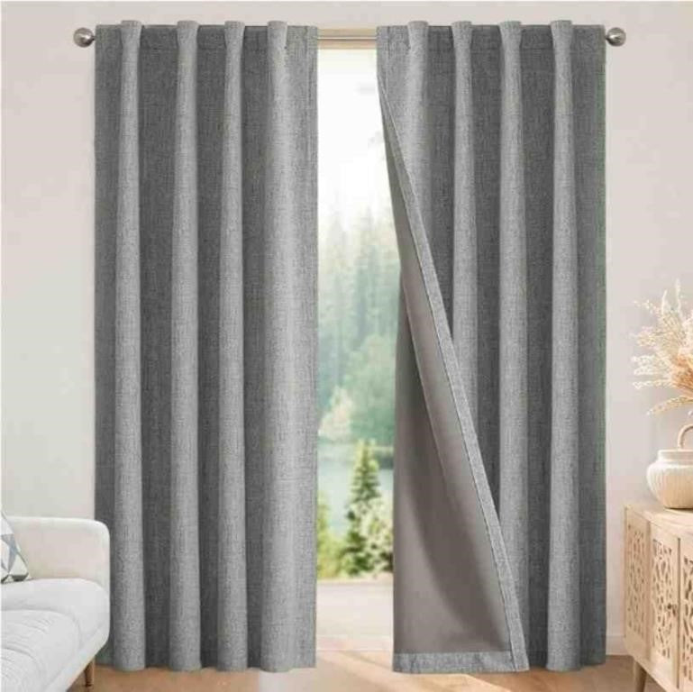 Joydeco Linen Blackout Curtains, 100"W x 90"L, Light Grey