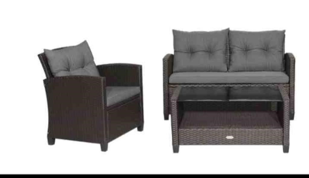 3 Pieces Patio Rattan Conversation Furniture Set with Glass Top Coffee Table, Gray