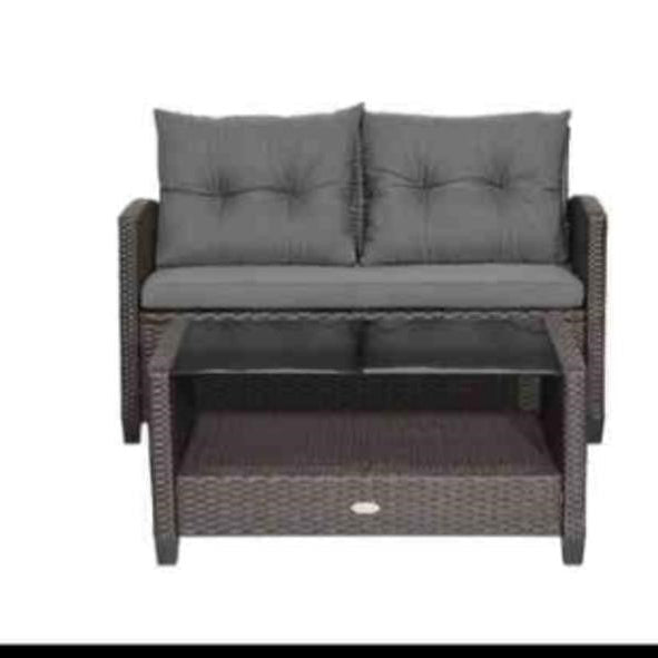 3 Pieces Patio Rattan Conversation Furniture Set with Glass Top Coffee Table, Gray