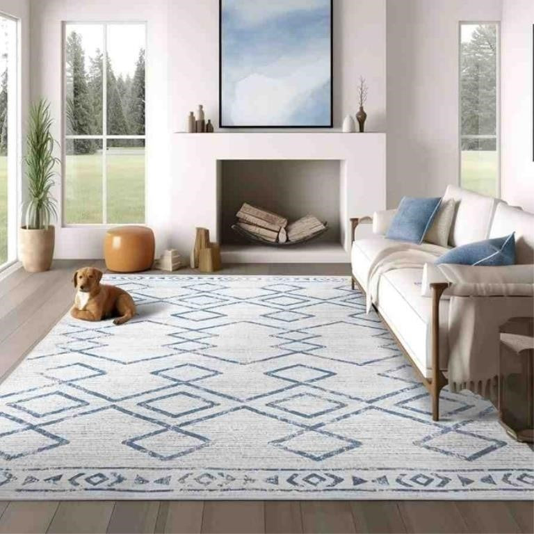 Jinchan Moroccan Area Rugs for Living Room - Machine Washable Soft Modern Geometric Stain Resistant Ultra-Thin Low-Pile Large Rug Non-Slip Carpet for Bedroom Kitchen Dining Room (6x4ft,Blue)