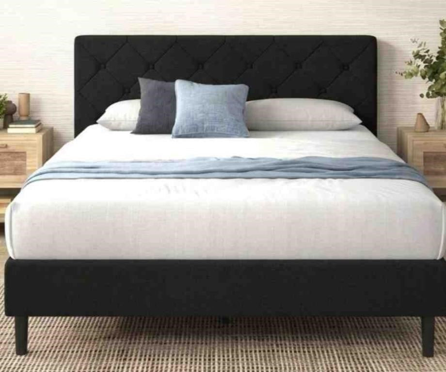Queen Bed Frame - Shalini Upholstered Platform Bed Frame with Headboard – Wood Slat Suppor BLACK