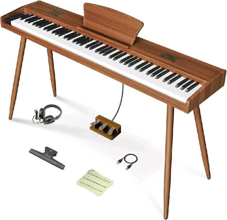 Longeye, Digital Piano 88 Keys Wood Piano, Semi Weighted Electric Piano with Triple Pedal, Headphone, Music Rest Support MIDI Connection MOOD Walnut -